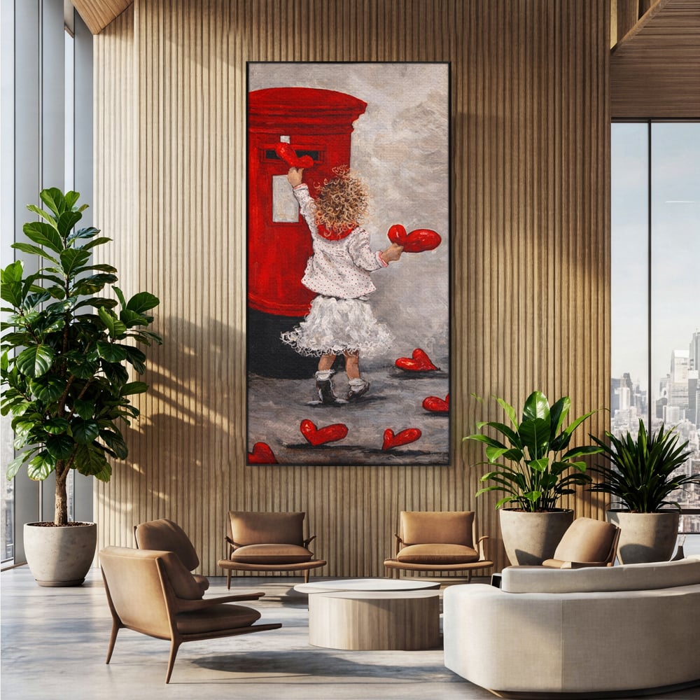 Tablou canvas cu pictura cu fetita si cutie postala, in rama de aluminiu negru, pe perete intr-un birou